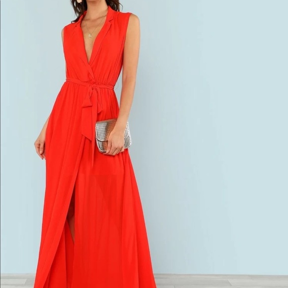 🆕hot red sleeveless chiffon tie waist maxi dress - Picture 5 of 8
